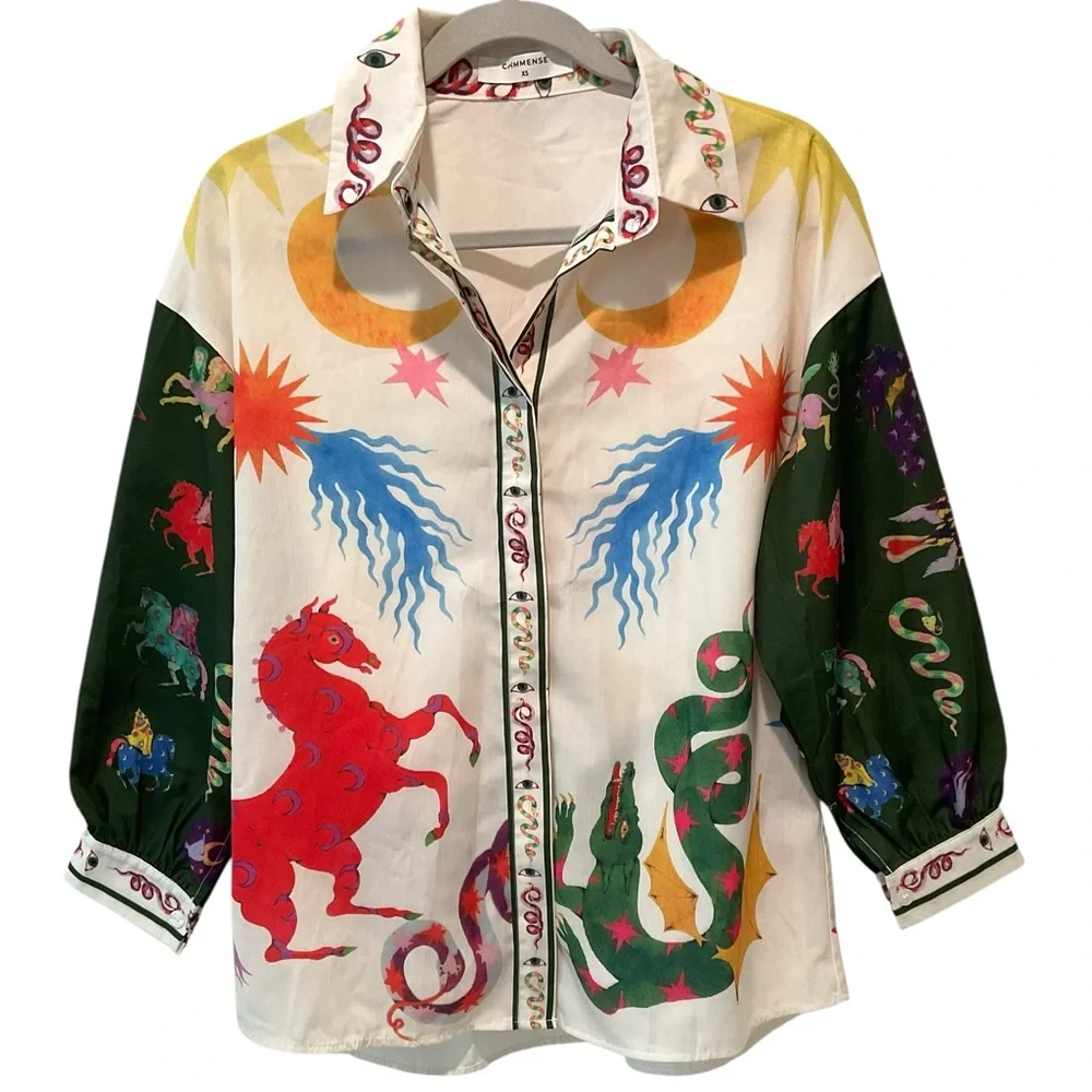 Commense Celestial Zodiac Print Two Piece Set Shirt & Wide Leg Pants XS - Picture 2 of 13